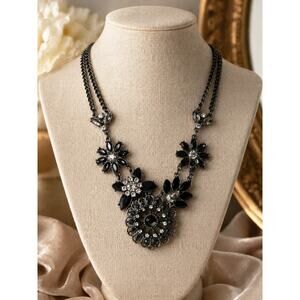 Black Rhinestone Statement Necklace Floral Art Deco Vintage Style Necklace